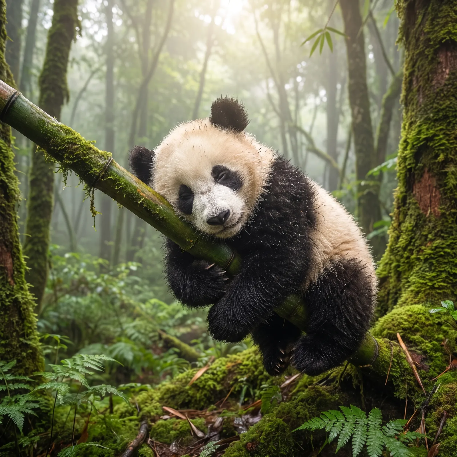 Animals: a sleepy panda cub hugging a bamboo branch in a misty forest, soft fur detail, gentle light