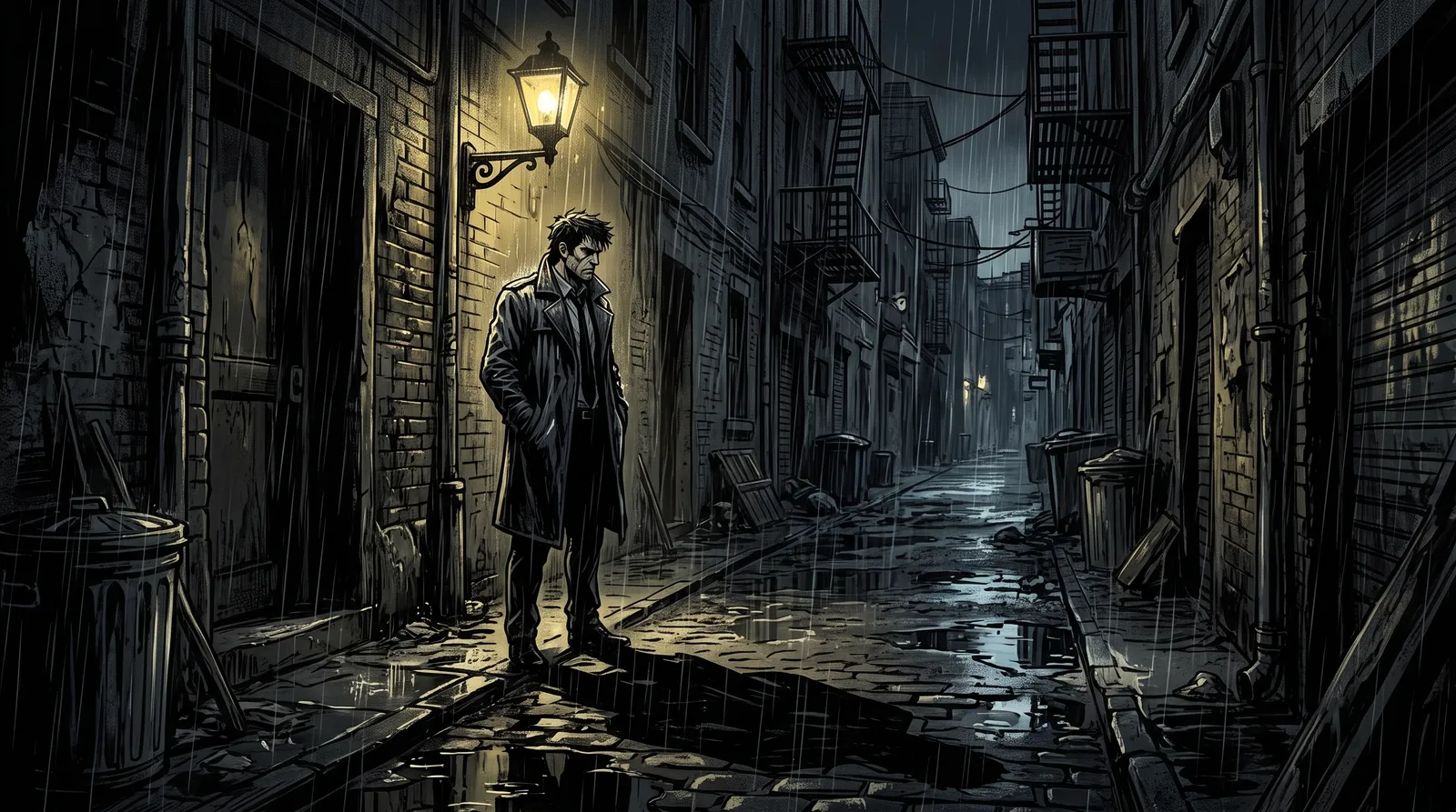 Korean webtoon thriller: a detective in a trench coat standing in a rainy alley under a flickering street lamp, long shadows, noir colour grading