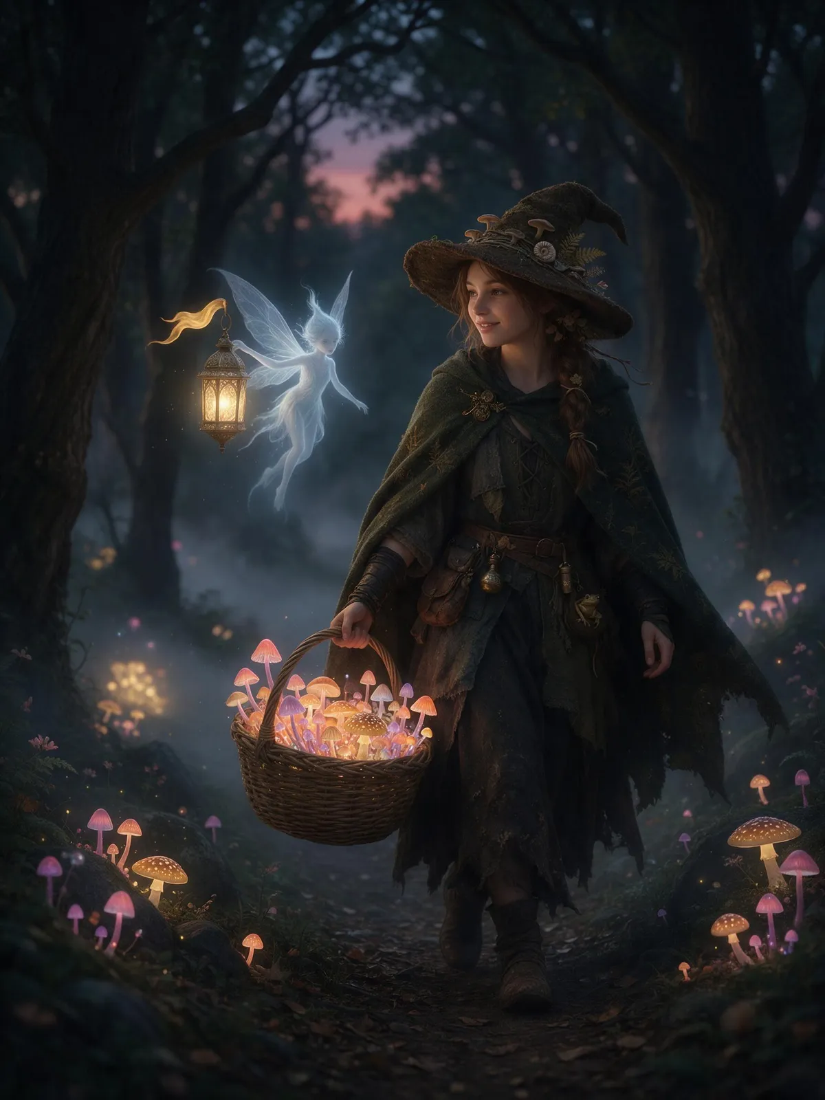 Forest witch girl with a basket of glowing mushrooms walking through a twilight woods, a tiny lantern spirit following her, cozy magical