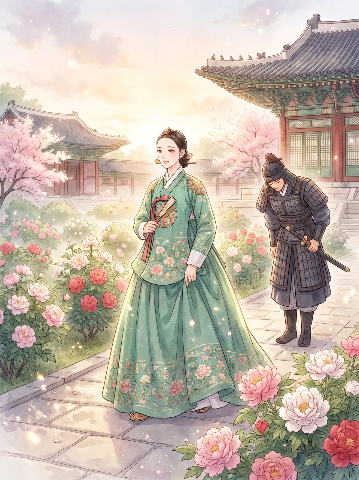 Korean webtoon romance fantasy of a crown princess in a jade-green dangui walking through a palace garden of blooming peonies at dawn, a guard bowing behind her, sparkling soft rendering