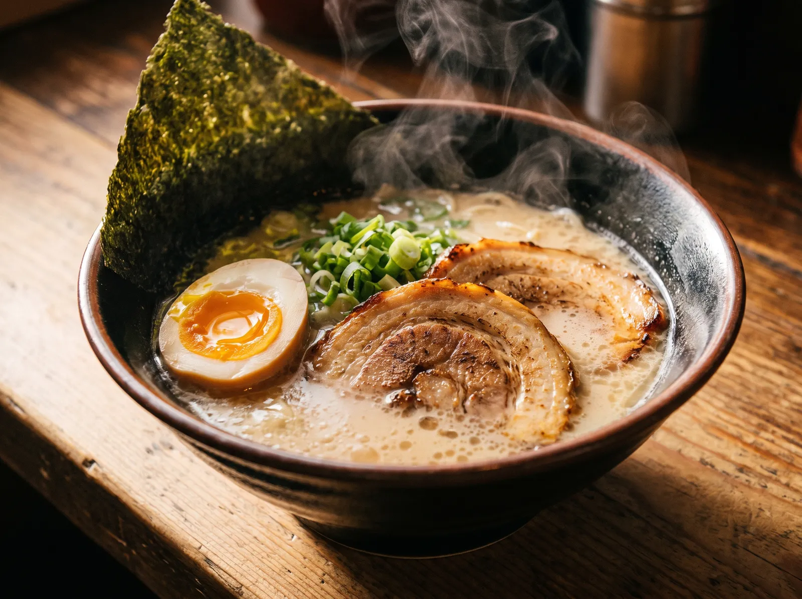 Close-up of tonkotsu ramen with a jammy soft-boiled egg, chashu slices, nori and scallions, steam rising, dark ceramic bowl on a wooden counter, warm side light, appetizing detail