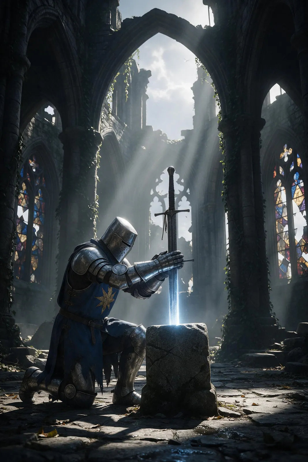 Knight in battered silver armor kneeling before a glowing sword in a stone, cathedral ruins overgrown with vines, rays of light through broken stained glass windows