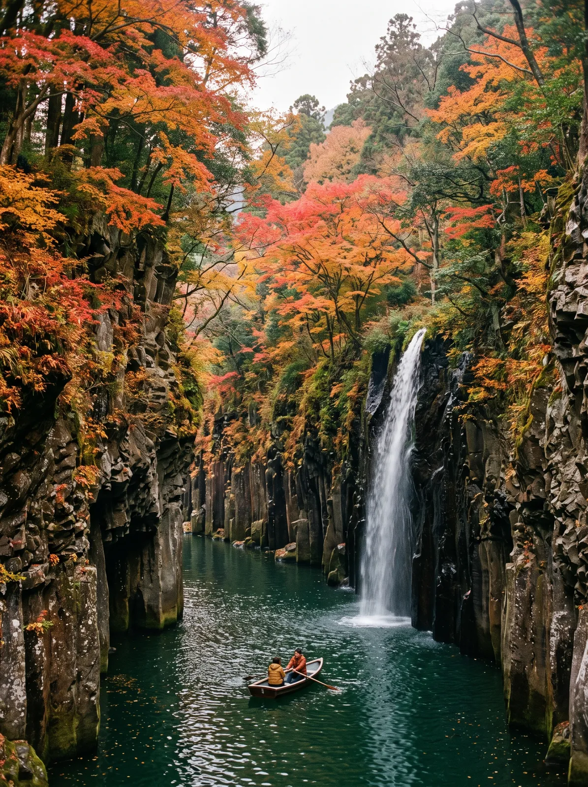 Takachiho Gorge in Kyushu in late autumn, a slender waterfall pouring into an emerald pool between basalt columns, a small rowboat below, red and gold maples, soft overcast light, vertical composition