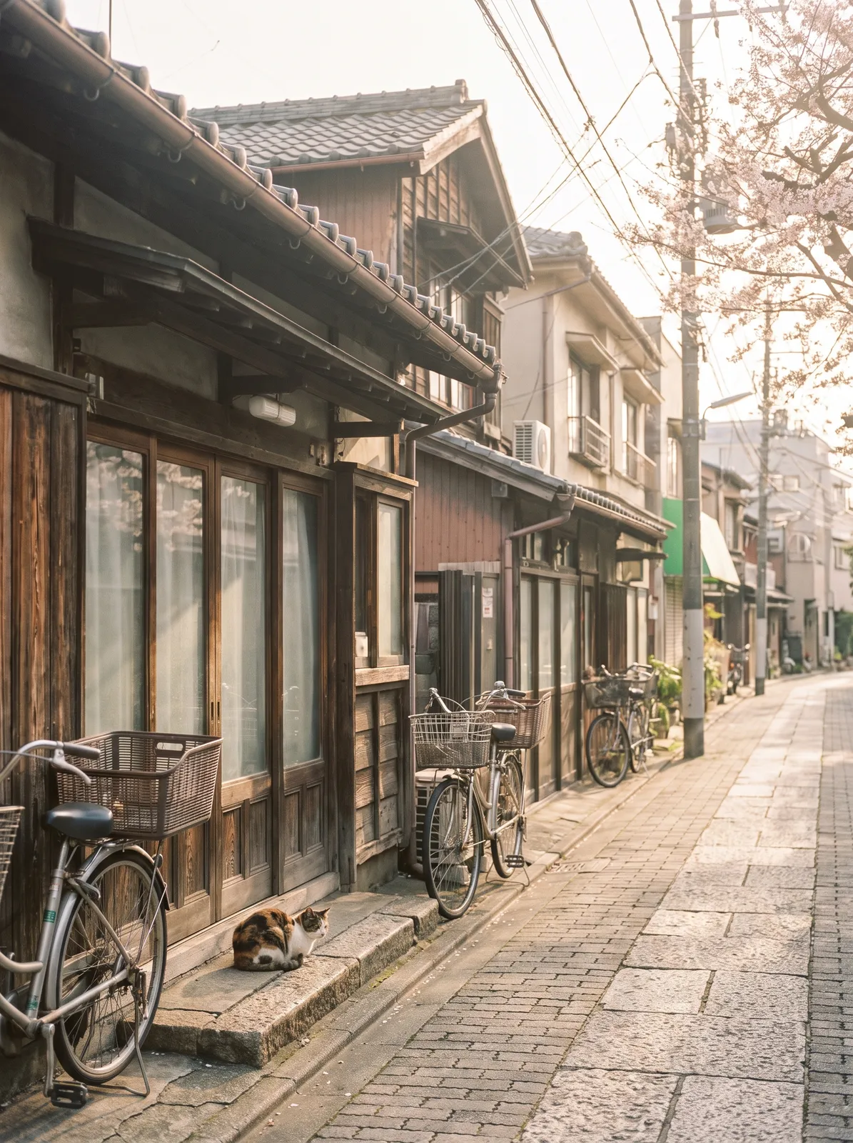 Tokyo Yanaka old neighborhood street in the morning, small wooden shops, bicycles, a cat on a step, soft nostalgic Showa era atmosphere