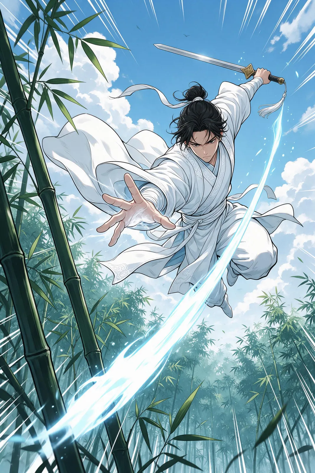 Webtoon murim martial artist in white robes mid-leap above bamboo forest, sword trailing a ribbon of qi light, dynamic speed lines, crisp cel shading, epic action panel composition