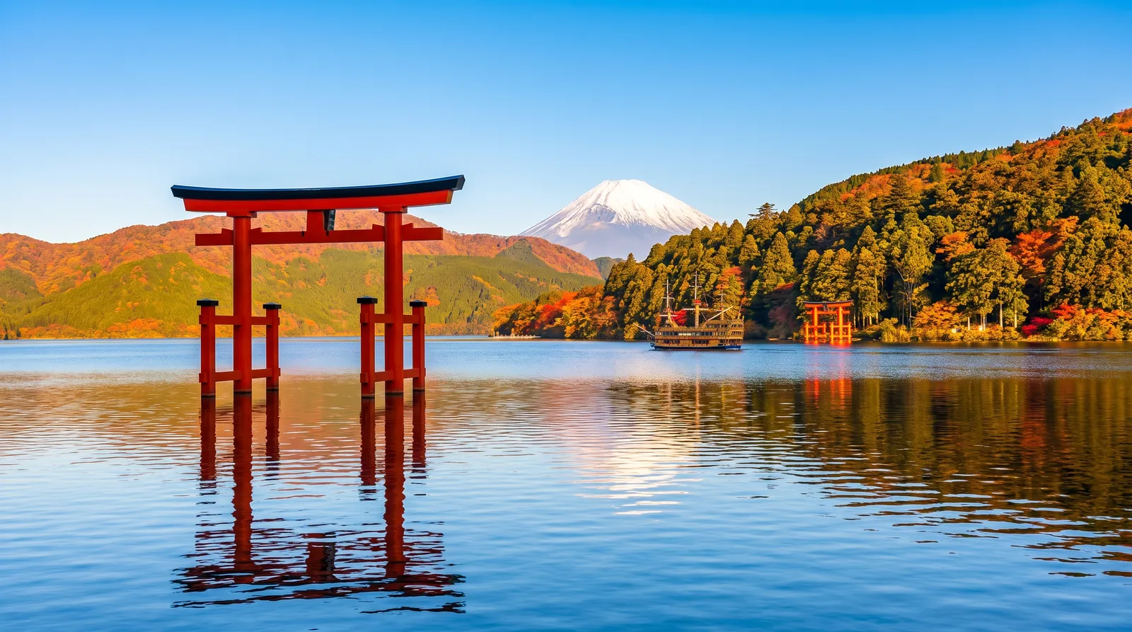 Hakone with Mount Fuji behind Lake Ashi and a red torii gate in the water, autumn morning, clear sky