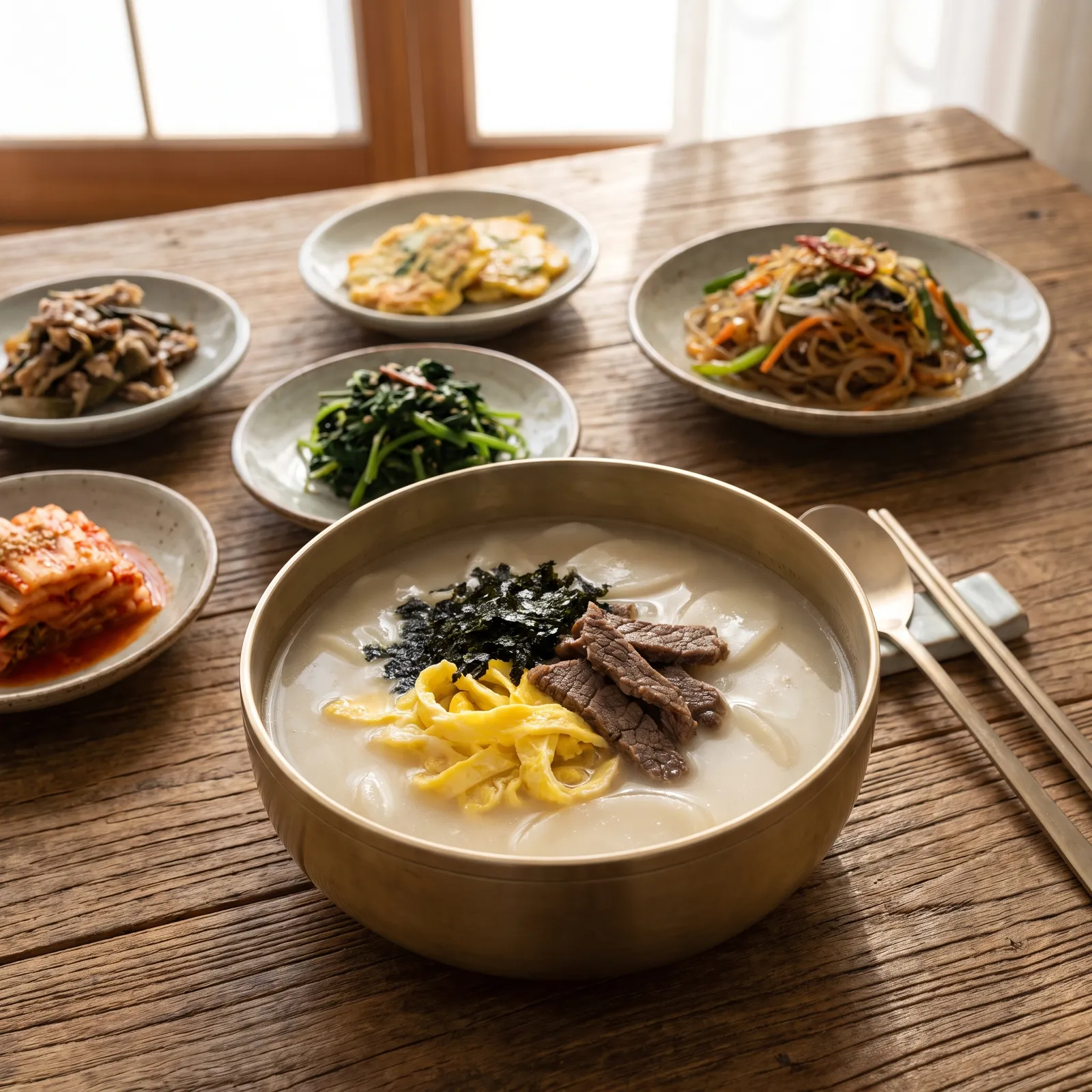 Korean tteokguk rice-cake soup in a brass bowl with egg ribbons, seaweed and beef on a New Year's table with side dishes, soft morning light, overhead food photography