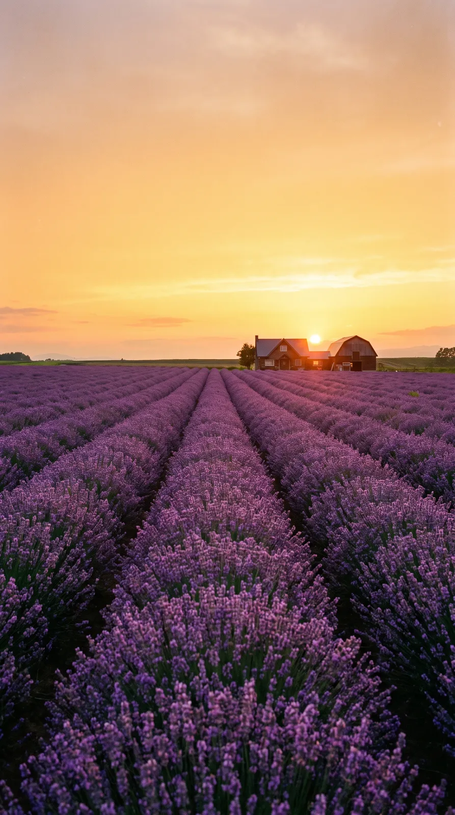 Vertical wallpaper of lavender fields in Furano, Hokkaido at sunset, rows of purple leading to a distant farmhouse, warm golden sky