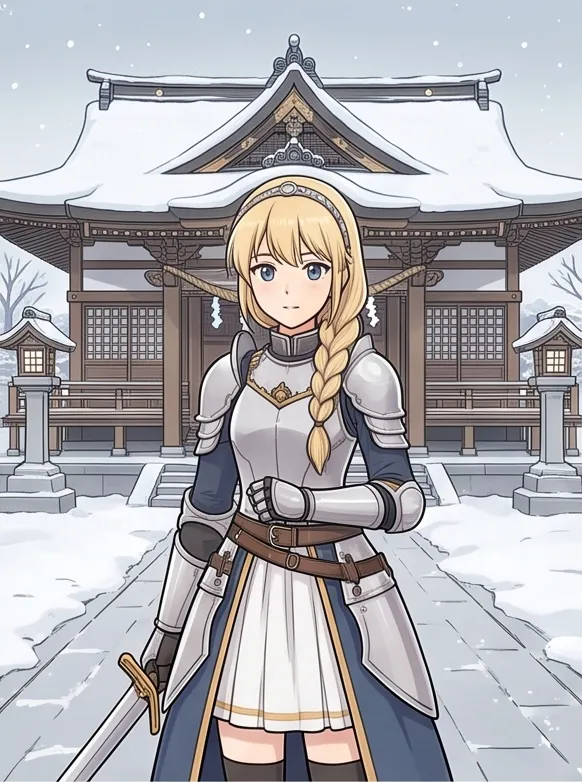 Korean webtoon style, clean line art, soft cel shading: a knight girl with blonde braid in a snowy shrine