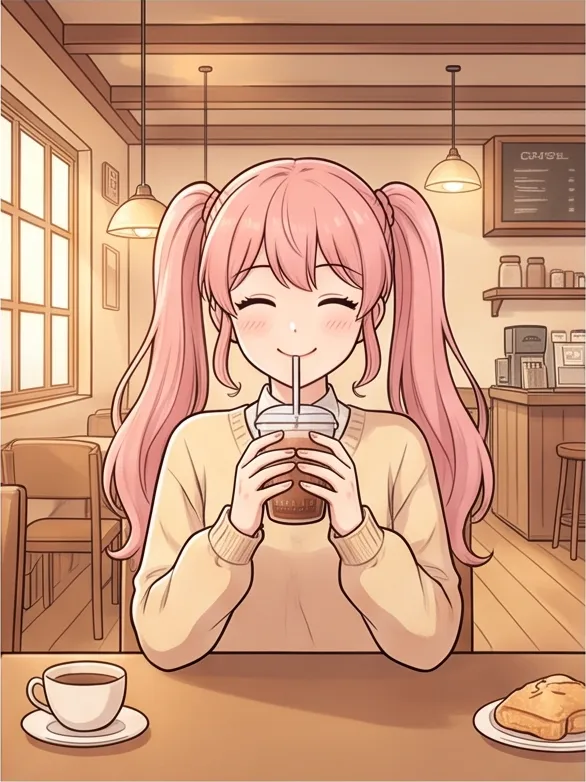 Korean webtoon style, clean line art, soft cel shading: a girl with pink twin tails in a cafe with warm lights