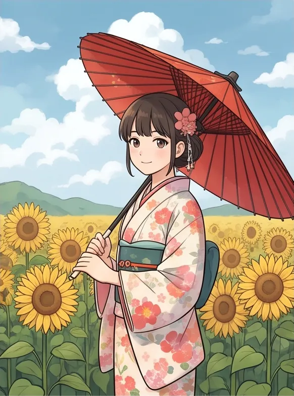 Korean webtoon style, clean line art, soft cel shading: a girl in a kimono with a paper umbrella in a sunflower field