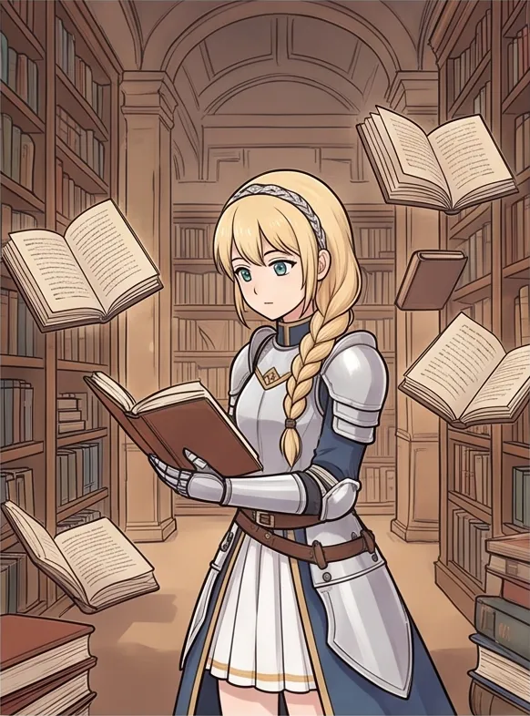 Korean webtoon style, clean line art, soft cel shading: a knight girl with blonde braid in a library with floating books