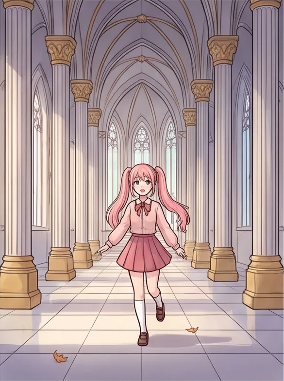 Korean webtoon style, clean line art, soft cel shading: a girl with pink twin tails in a fantasy castle hall