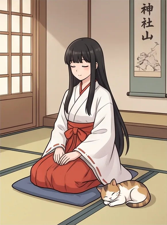 Korean webtoon style, clean line art, soft cel shading: a shrine maiden with long black hair in a cozy room with a cat
