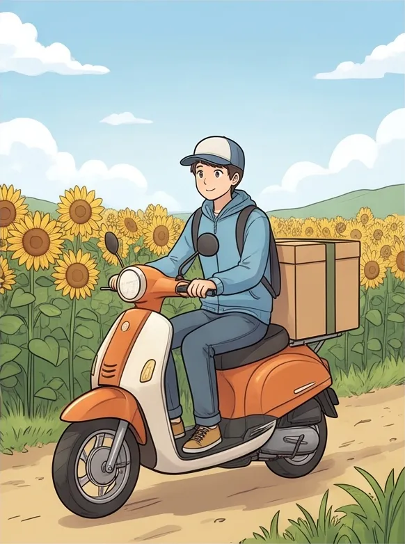 Korean webtoon style, clean line art, soft cel shading: a delivery boy on a scooter in a sunflower field