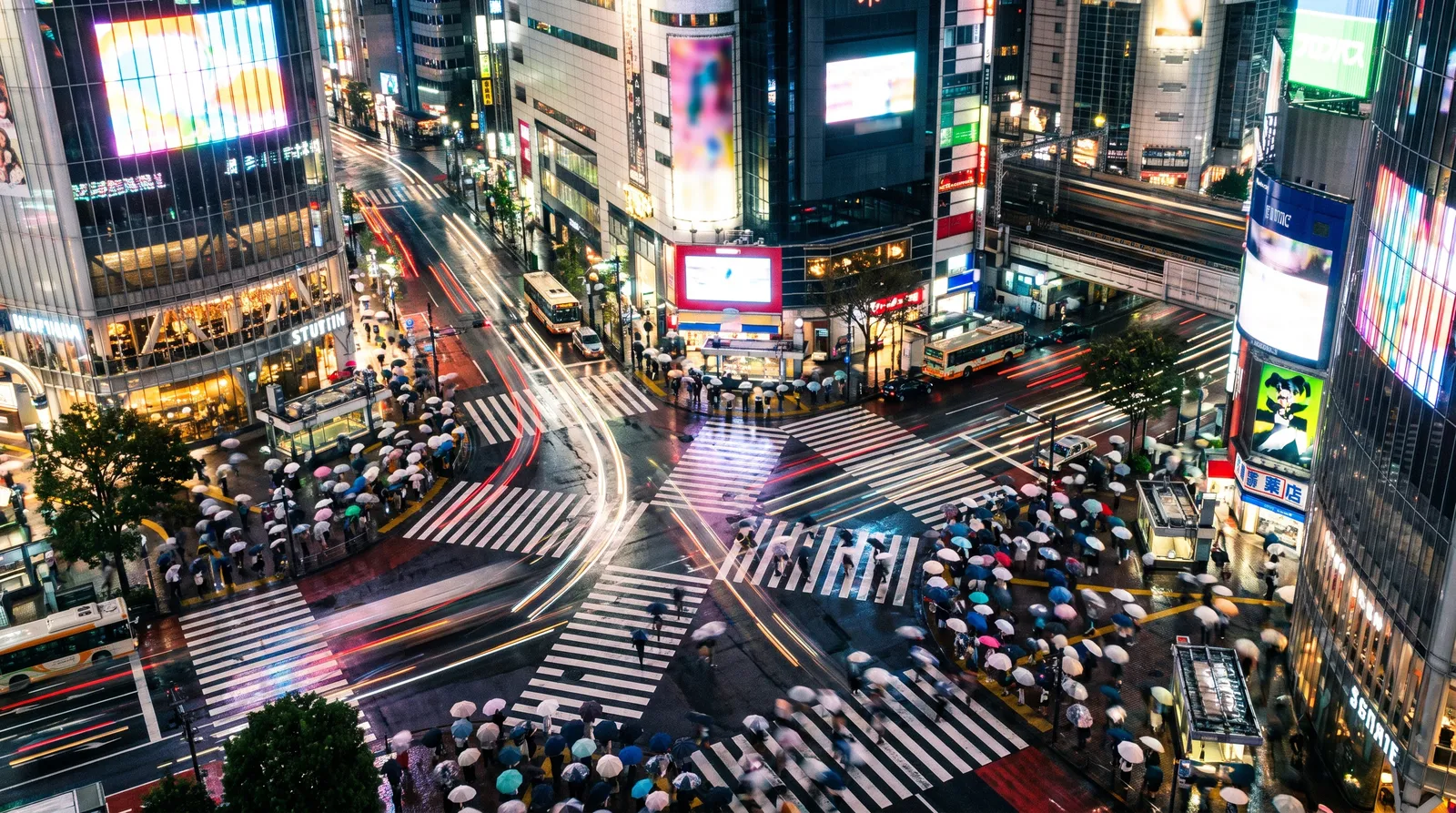 Tokyo Shibuya scramble crossing at night seen from above, long exposure light trails, hundreds of umbrellas in light rain, glowing billboards without readable text, cinematic urban photography