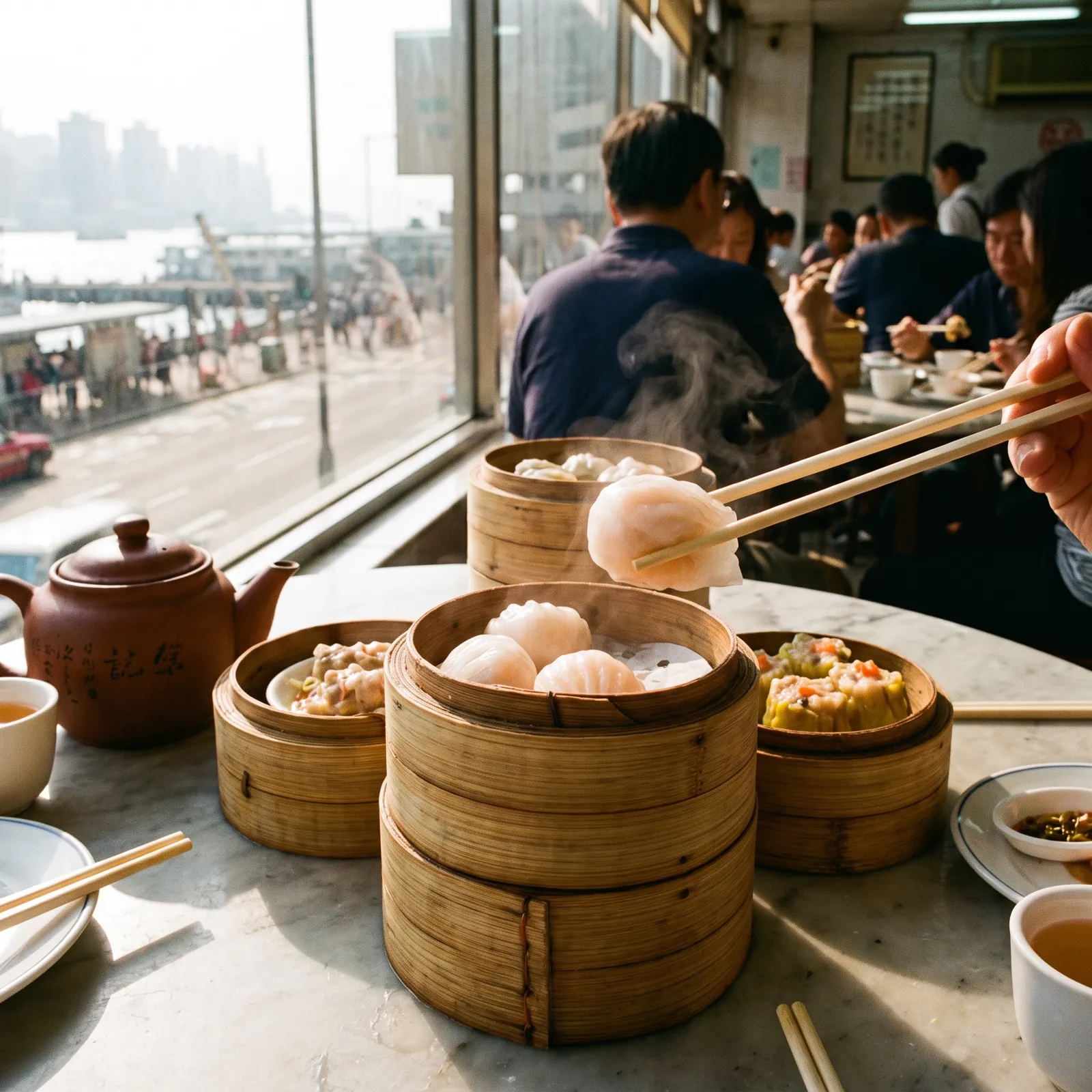 Dim sum bamboo steamers on a marble table in a Hong Kong teahouse, translucent har gow and siu mai, chopsticks lifting a dumpling, a pot of jasmine tea, morning light