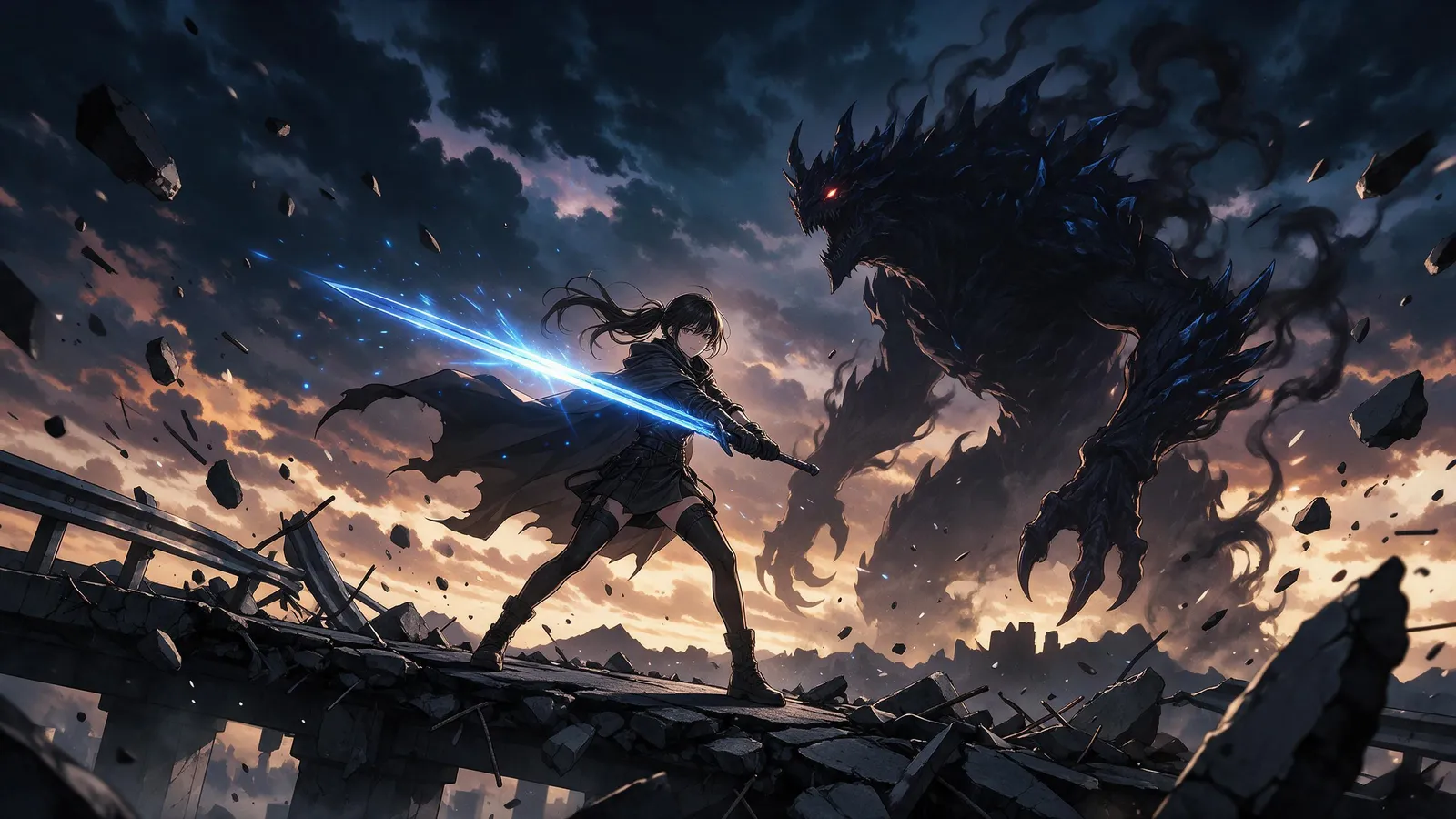 Korean webtoon action style: a hunter girl with a glowing sword standing on a collapsed highway overpass facing a giant shadow beast, dramatic sky, debris floating