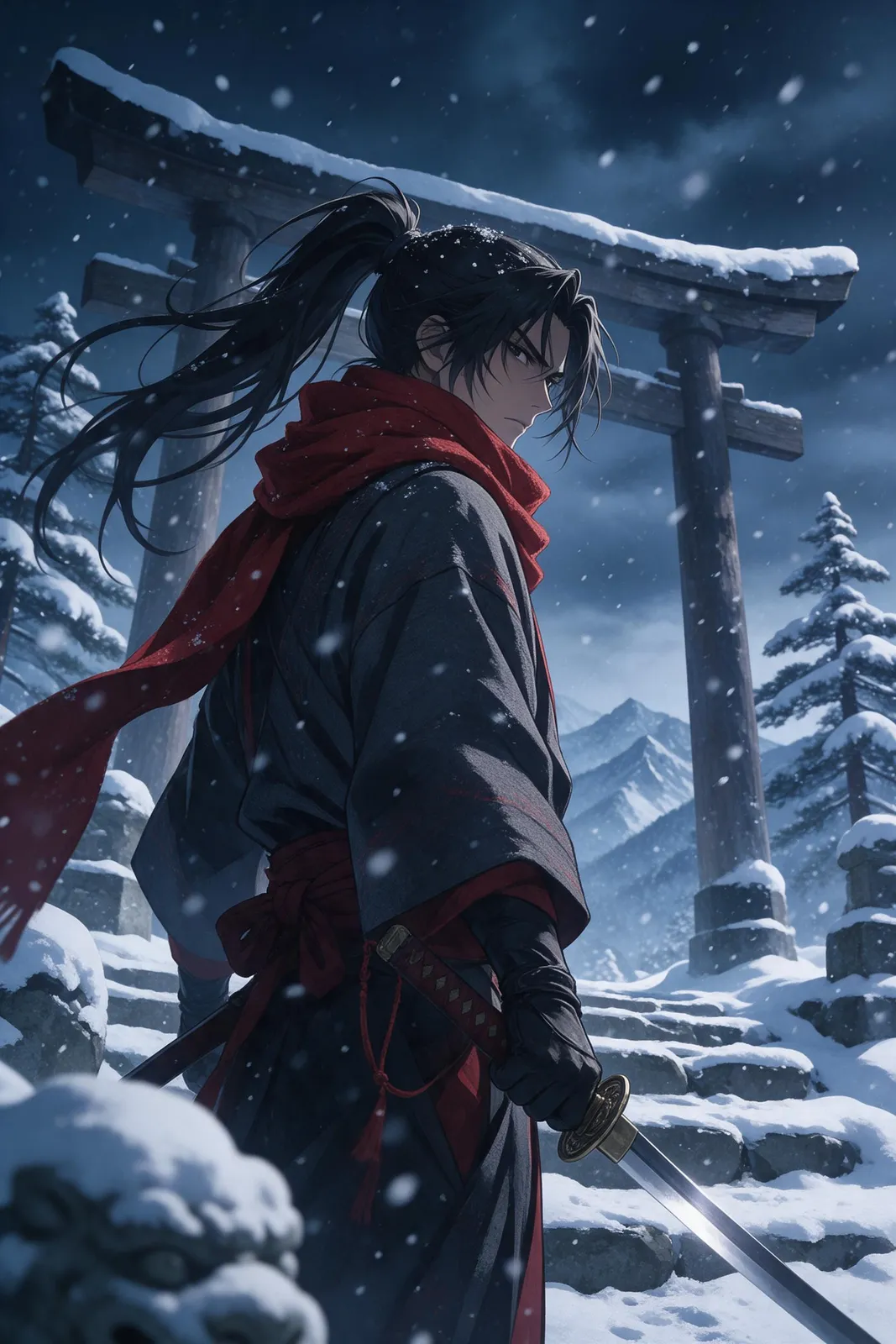 Anime swordsman with a long black ponytail standing in heavy snowfall at a mountain shrine, crimson scarf, katana half drawn, cold blue palette with red accent, cinematic