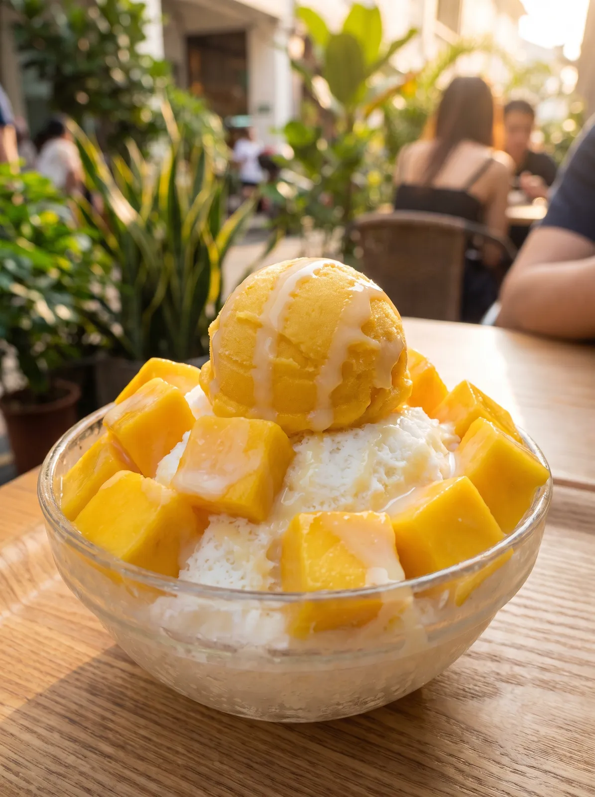 Bingsu with mango cubes, mango sorbet and condensed milk on fine milk snow in a glass bowl, bright summer café light, cool and refreshing