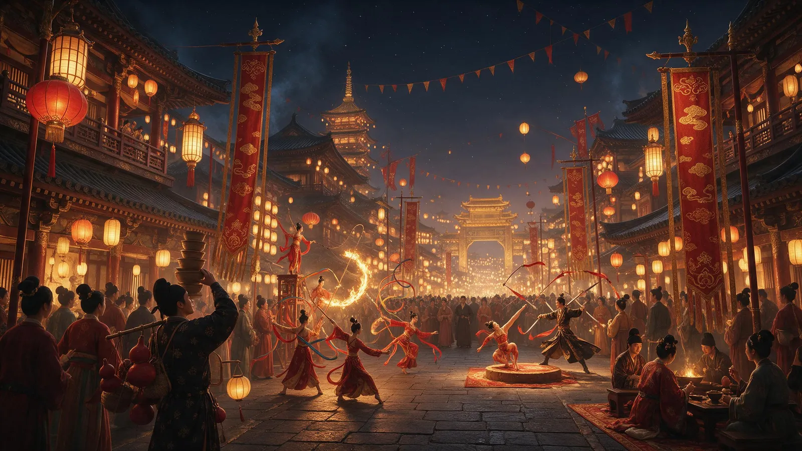Guofeng style: a grand Tang dynasty market street at night with acrobats, silk banners and lantern light, bustling crowd, rich vermilion and gold palette