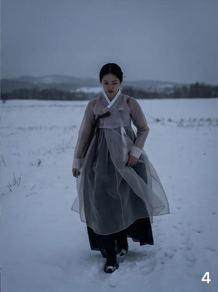 High fashion editorial of a young Chinese woman wearing a modern hanbok with sheer organza in a Hokkaido snowfield, moody low key lighting, candid street photography