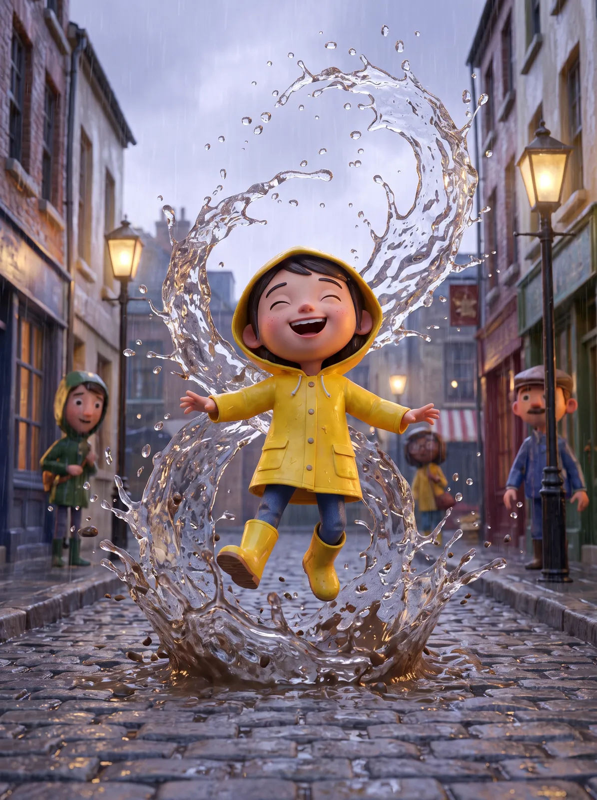 3D stylized character of a cheerful girl in a yellow raincoat and boots jumping into a puddle, the splash frozen mid-air, animated-film lighting, rainy street background