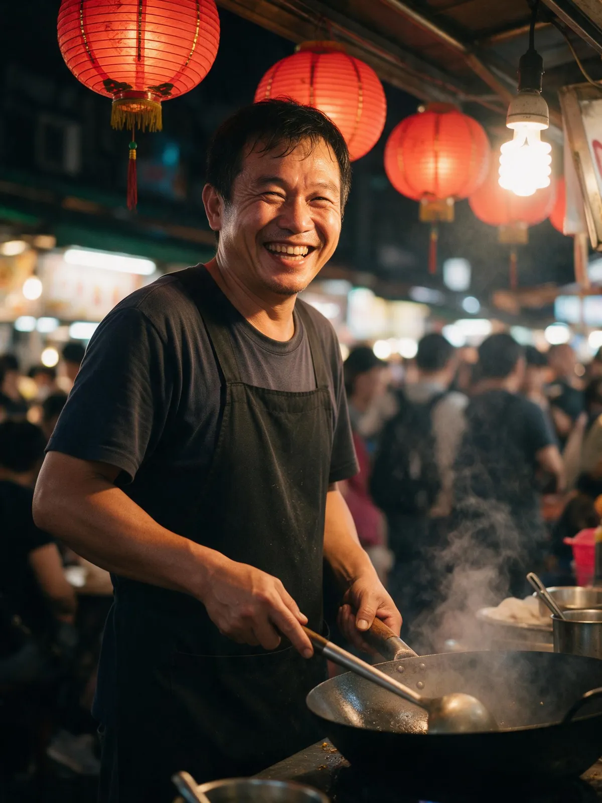 Taiwanese street-food vendor in his forties under the red lanterns of a Taipei night market, steam rising from a wok in the foreground, warm tungsten light on his face, cheerful grin, bustling crowd b