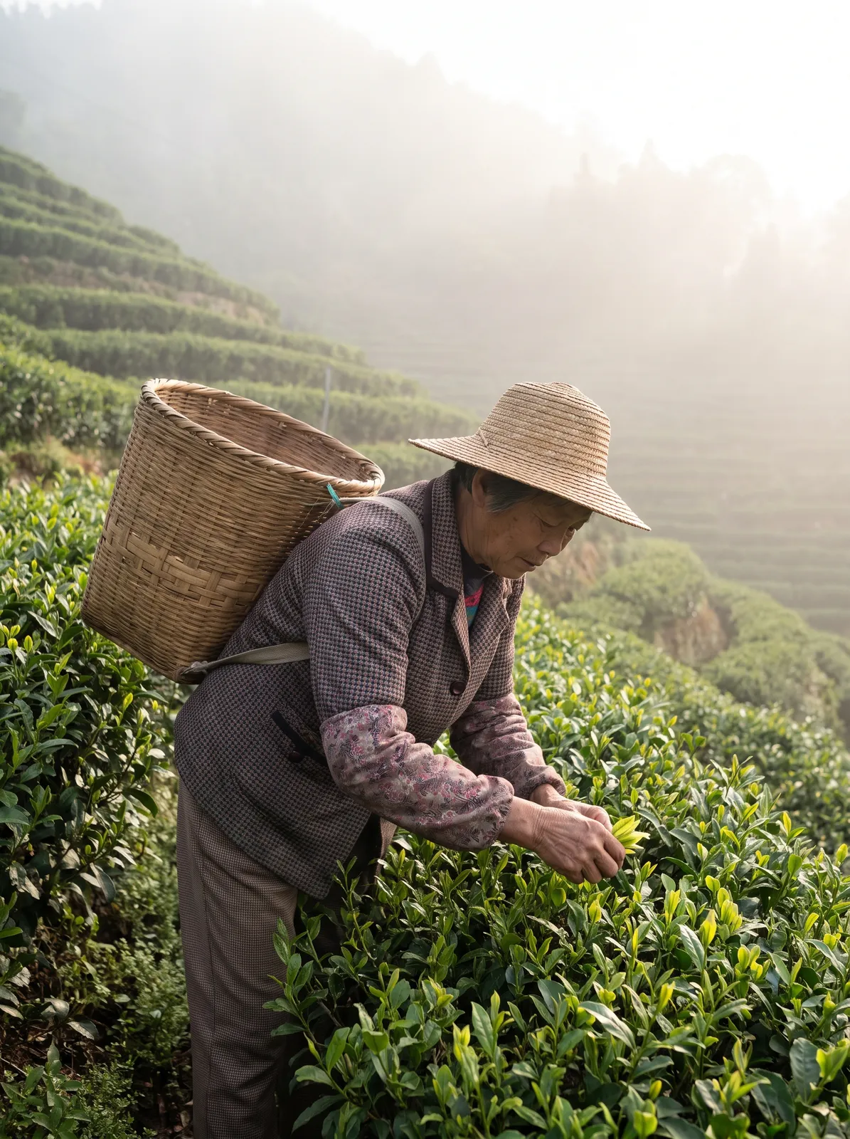 Chinese tea farmer woman in her fifties picking young leaves on a steep Longjing tea terrace in morning fog, bamboo basket on her back, weathered hands, soft diffused light, documentary