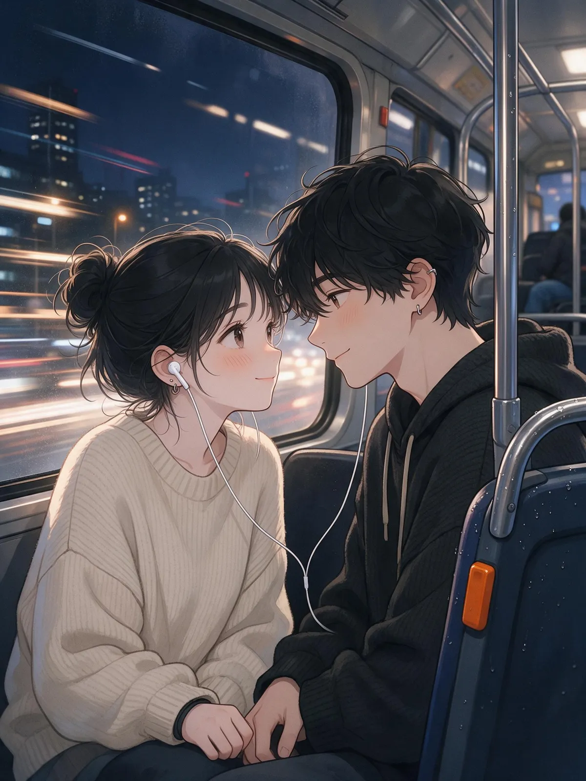 Webtoon romance: a girl and a boy sharing earphones on a bus at night, city lights passing outside, shy glances, soft warm palette