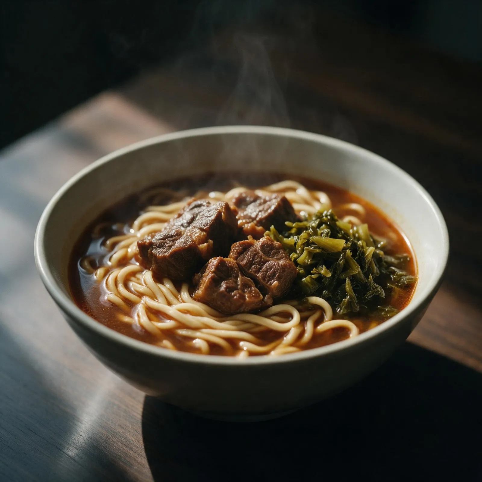 Food photography: a steaming bowl of Taiwanese beef noodle soup with braised shank and pickled greens, dark wooden table, moody side light