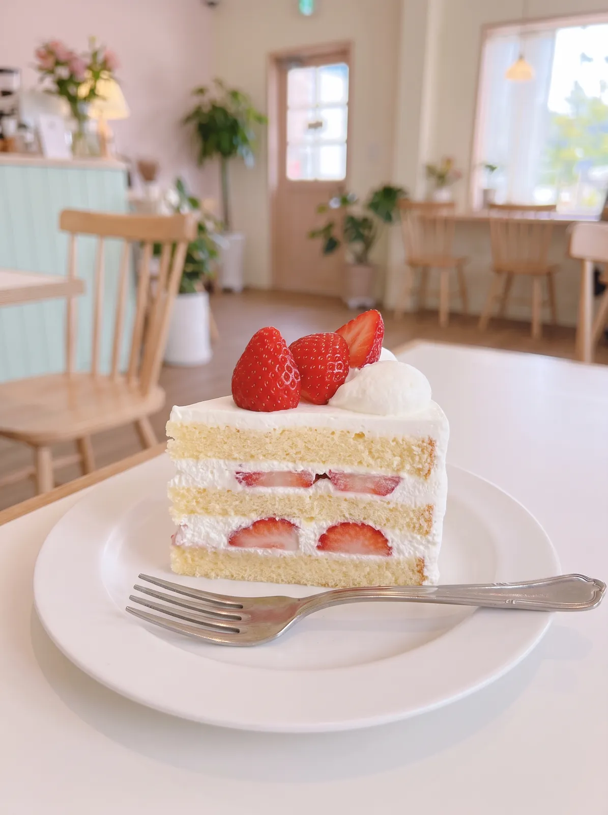 Japanese strawberry shortcake slice on a white plate with a fork, layers of sponge and cream, fresh strawberries, soft pastel café background