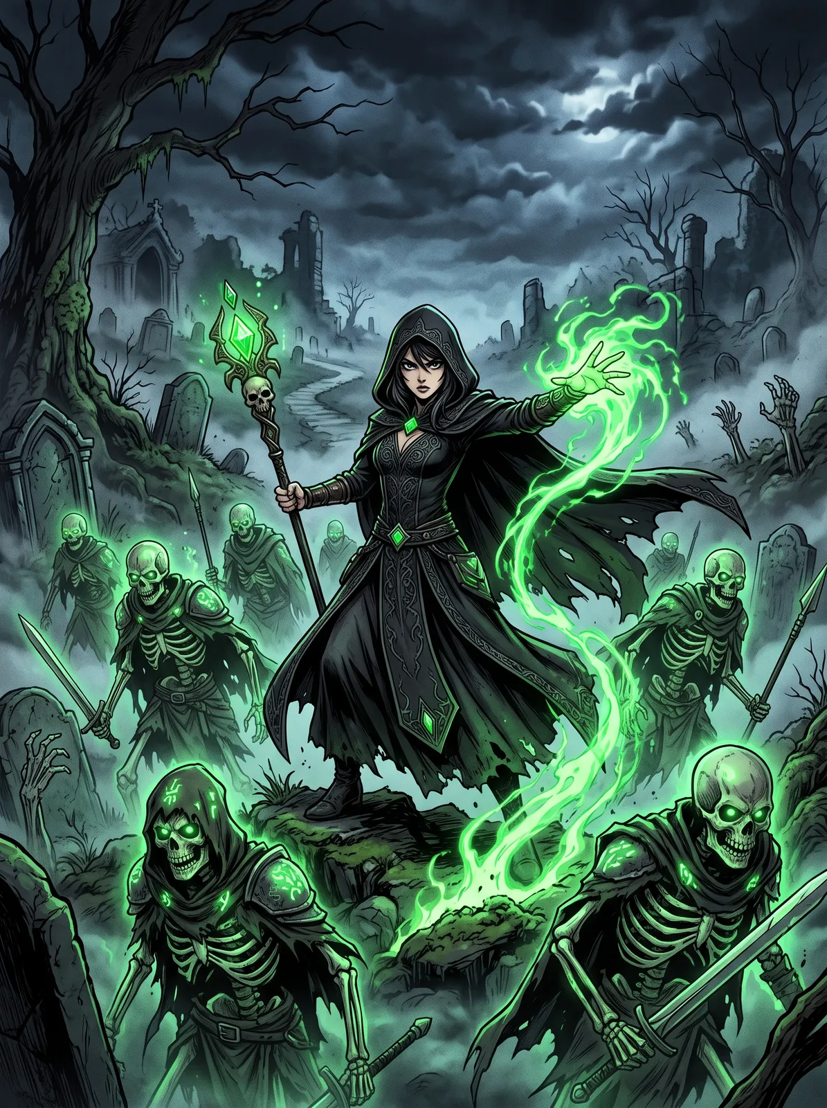 Webtoon fantasy: a female necromancer in a black hooded robe raising glowing green skeletal soldiers in a misty graveyard, dramatic low angle, dark manhwa style
