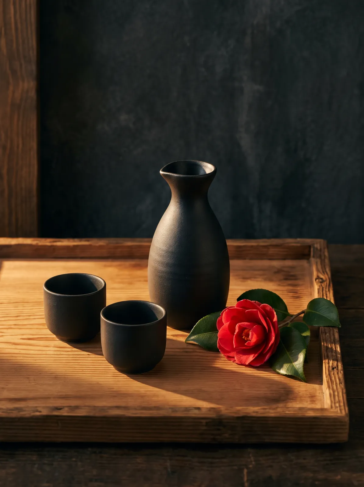 Matte black ceramic sake set on a cedar tray with a single camellia, dark minimal background, warm side light, Japanese luxury aesthetic