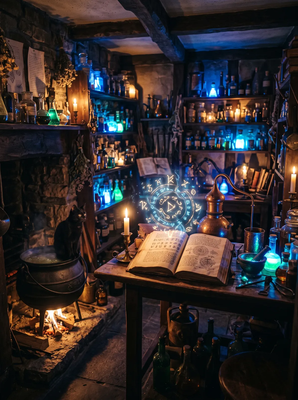 Alchemist's workshop interior: shelves of glowing potions, brass instruments, an open grimoire with floating symbols, a cat sitting on a cauldron, warm candlelight and blue magical glow