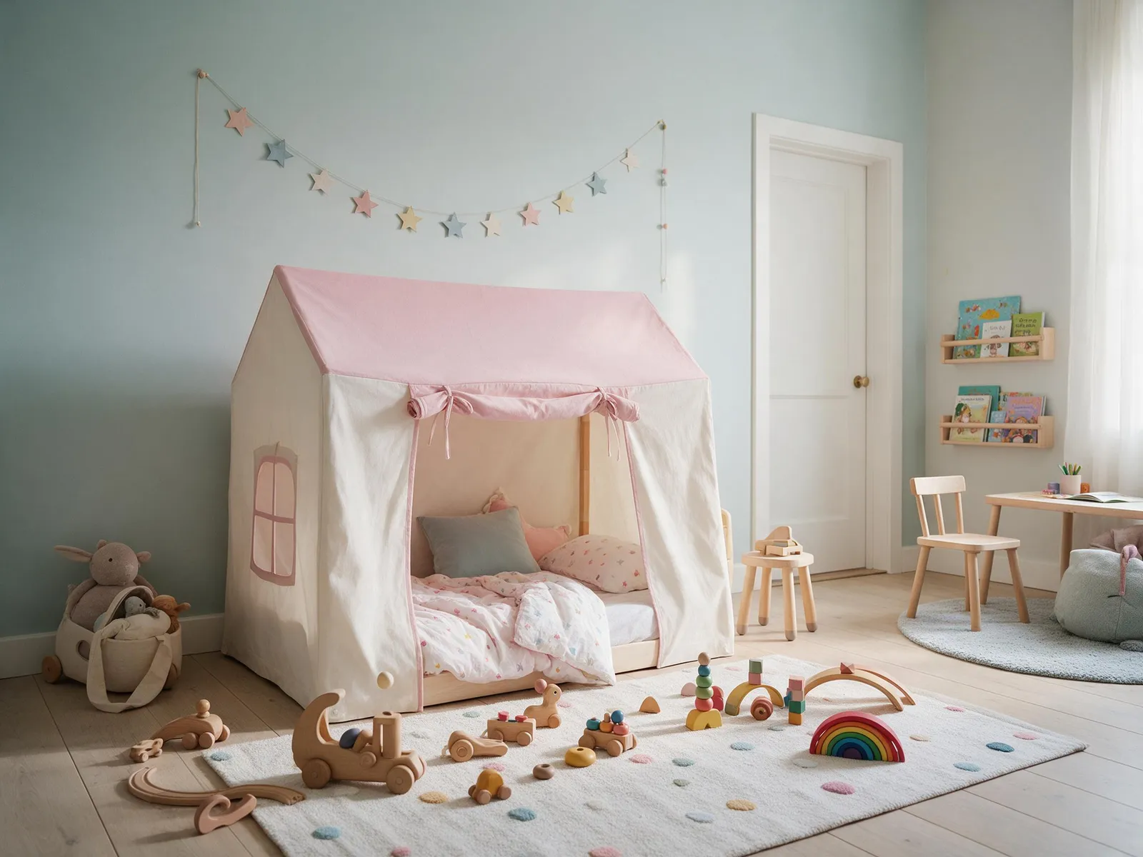 Children's bedroom in pastel tones with a tent bed, wooden toys, star garland and a reading corner, soft morning light, playful and calm