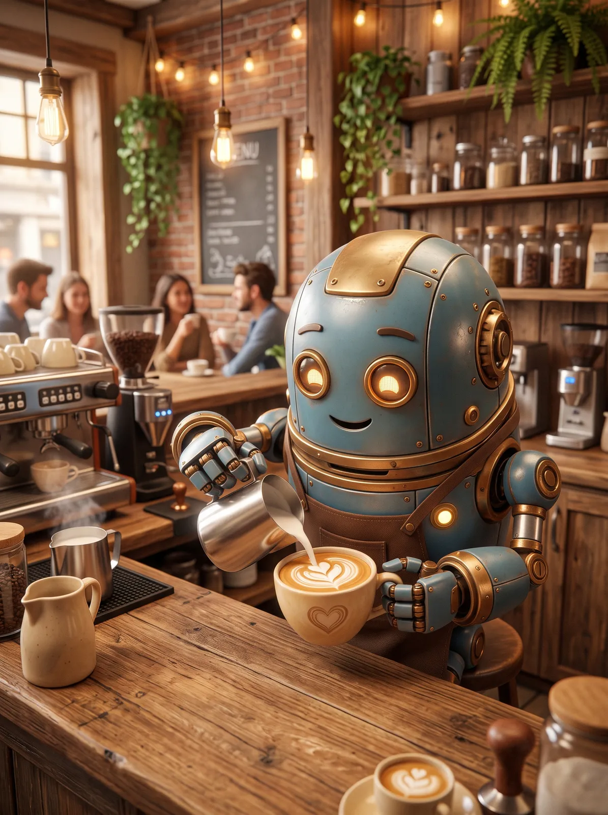 3D cartoon robot barista making latte art with careful hands, cozy café, warm lighting, cute expression