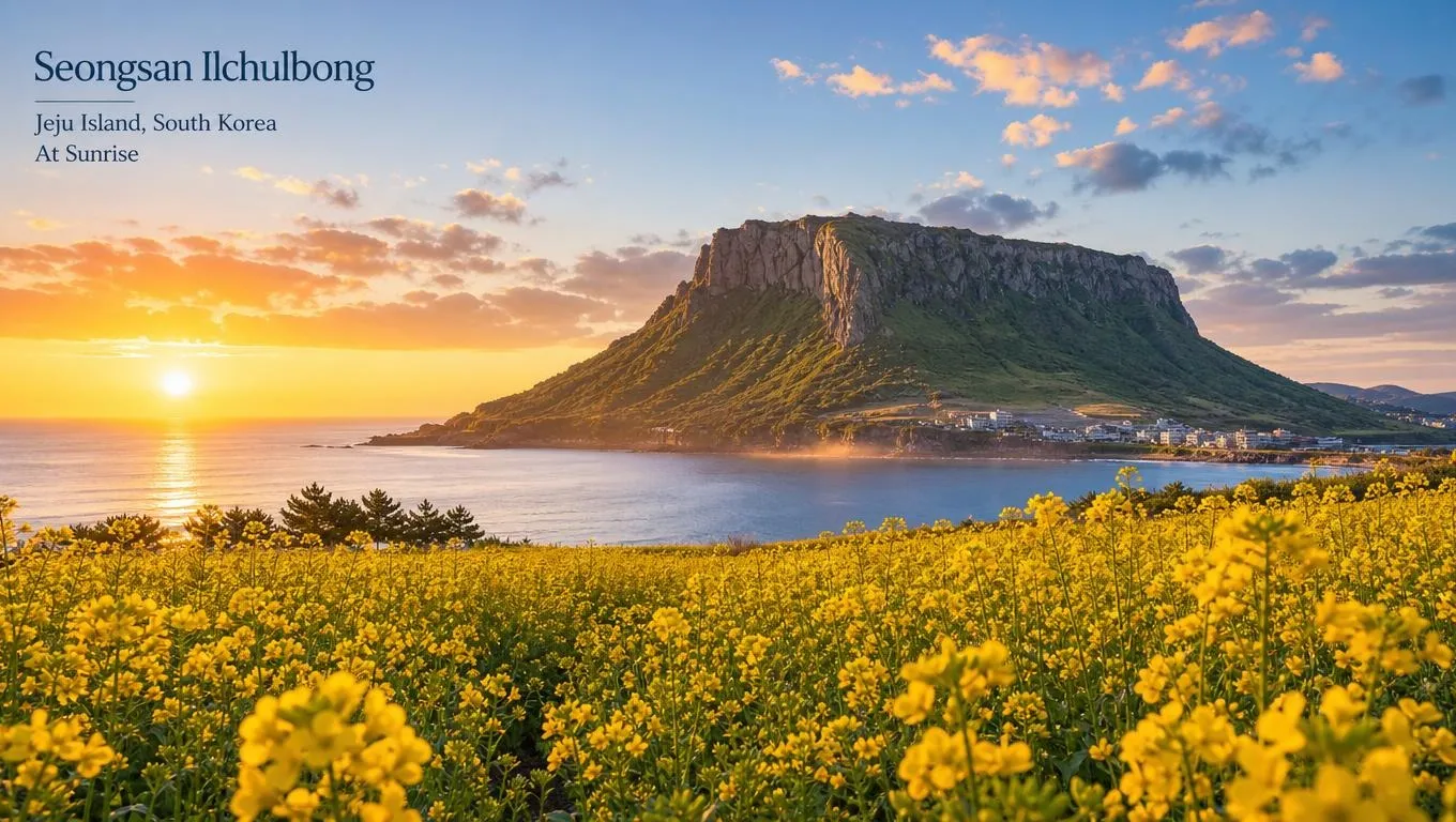 Wide landscape of Jeju Island at sunrise: Seongsan Ilchulbong crater rising from the sea, canola flowers in the foreground, golden mist, crisp detail