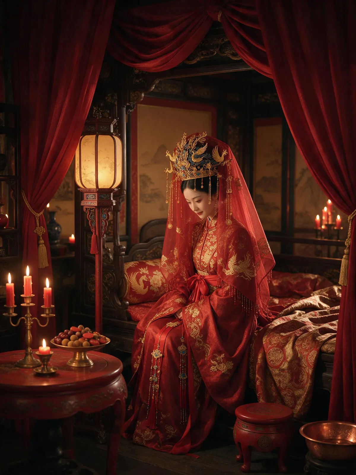 Guofeng painting of a woman in a red wedding hanfu with a gold phoenix crown under a veil, candlelit bridal chamber, rich traditional detail