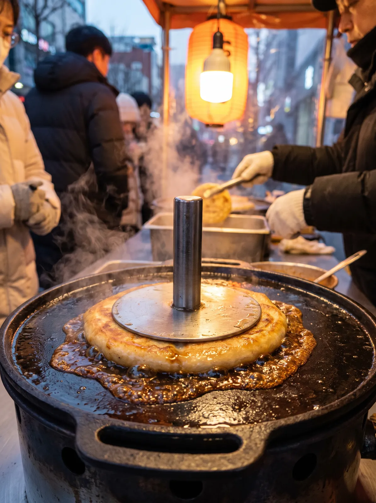 Food photography: Korean hotteok being pressed on a griddle at a winter street stall, syrup bubbling, steam and warm glow