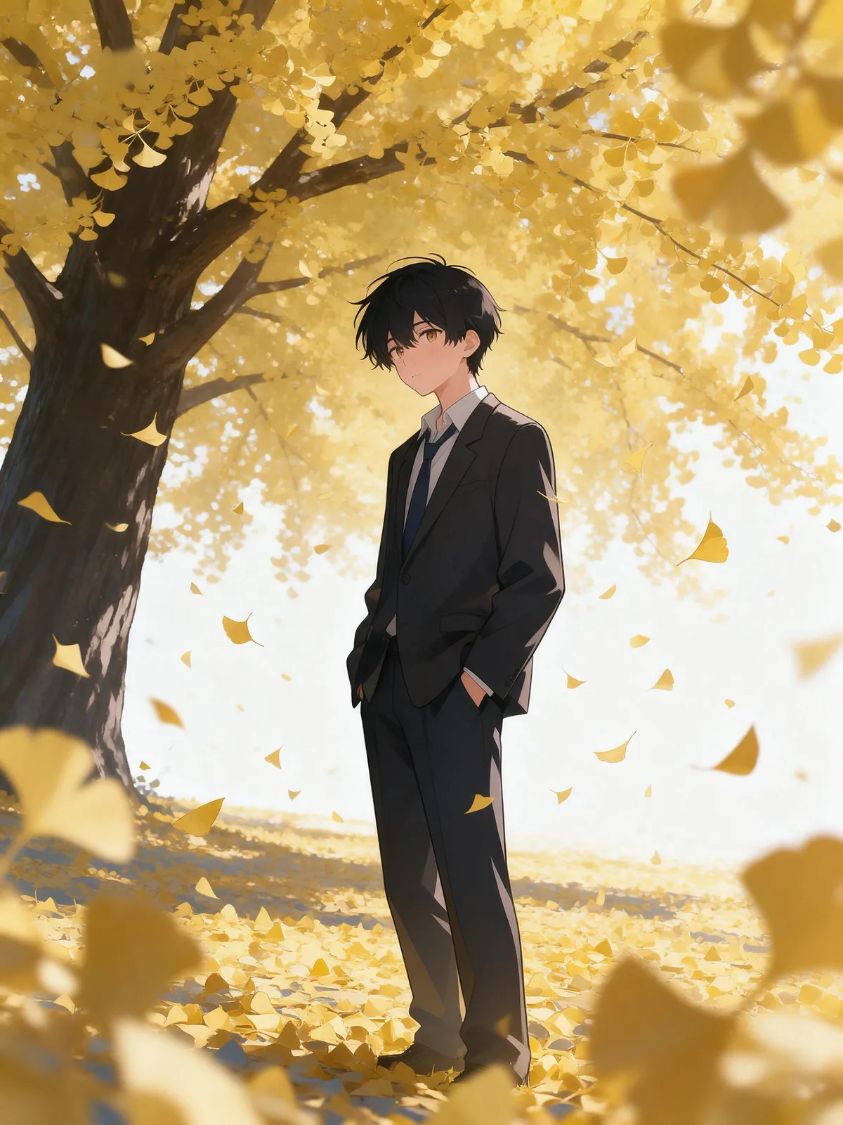 Anime boy in a school blazer standing under a ginkgo tree as yellow leaves fall around him, autumn light, slight melancholy expression, soft focus foreground leaves, clean modern anime style