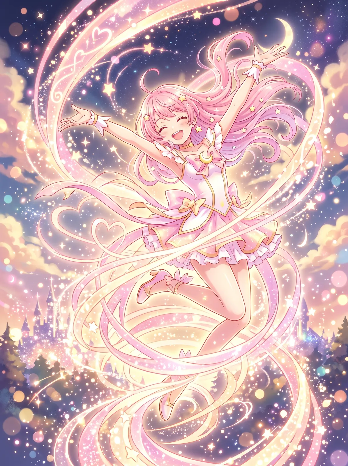 Magical girl transformation moment in anime style, ribbons of light and star particles spiraling around her, pastel pink and gold palette, dynamic pose, sparkling effects, joyful energy