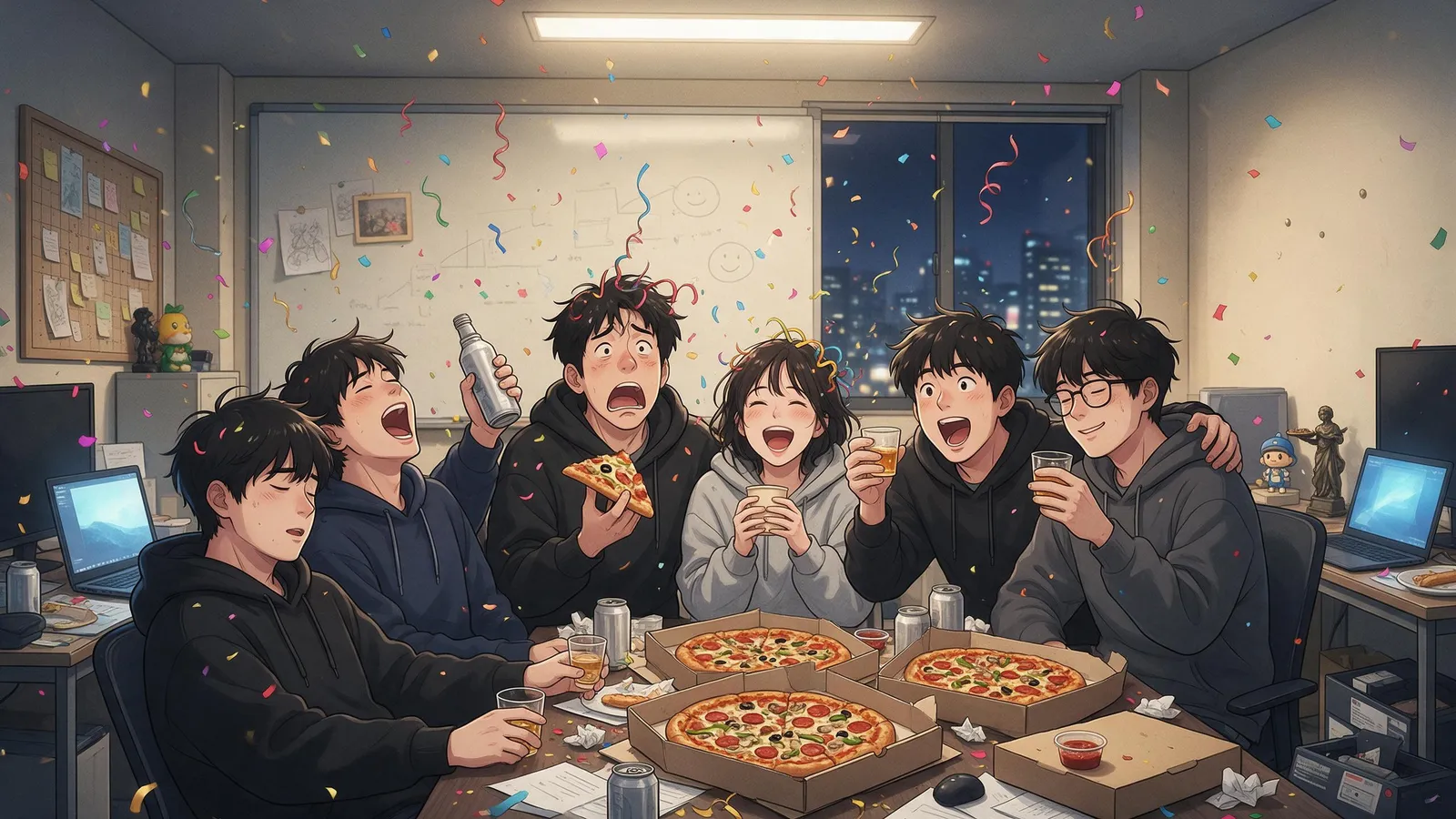 Korean webtoon office comedy of a startup team celebrating a launch with pizza and confetti in a cramped Pangyo office at midnight, laptop screens glowing, exhausted happy faces