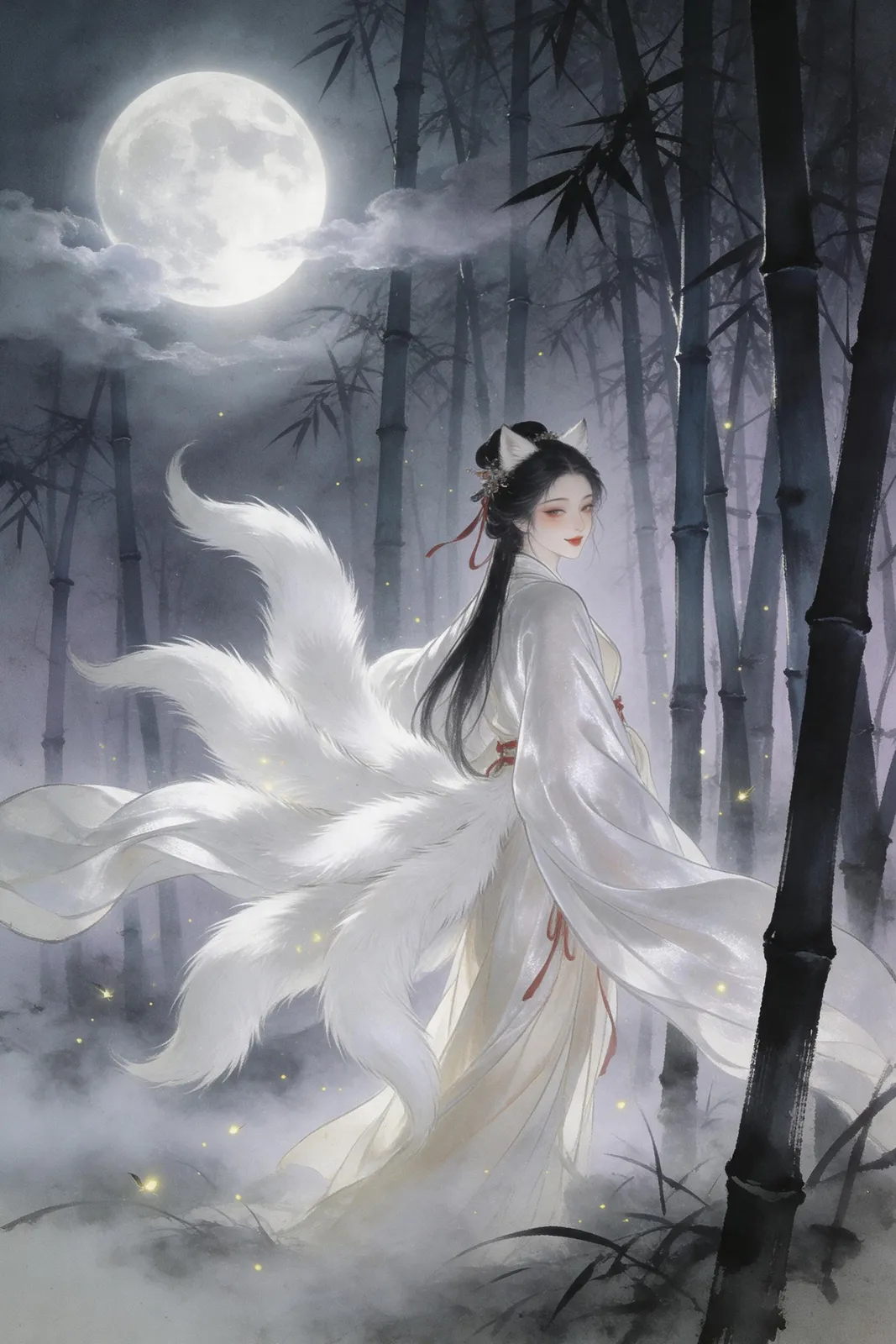 Guofeng ink and color painting of a fox spirit maiden with nine white tails in a moonlit bamboo grove, fireflies, soft silver moonlight, mysterious gentle smile, flowing sleeves