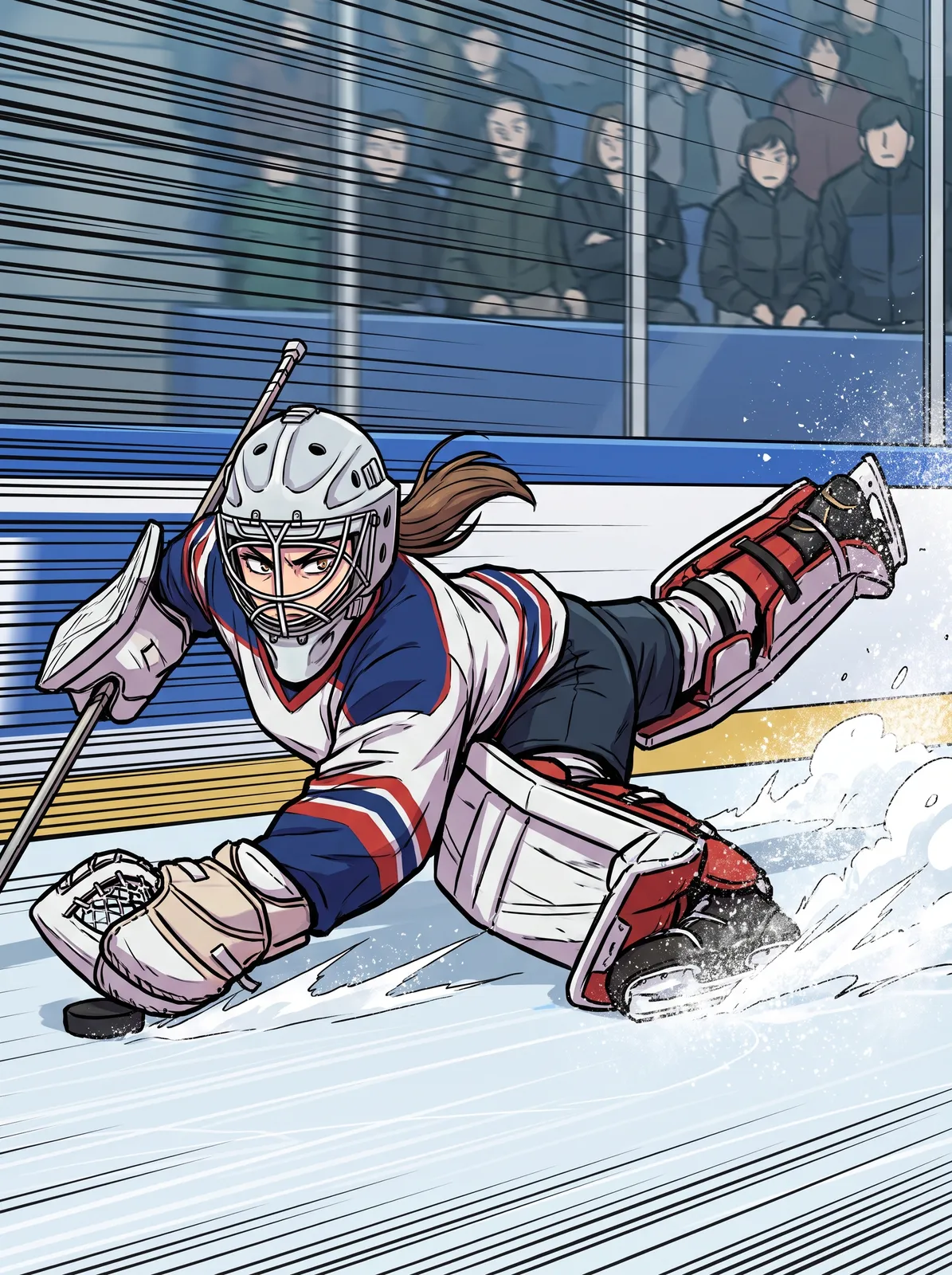 Korean webtoon sports panel of a women's ice hockey goalie sprawling to stop a puck, ice shavings spraying from her skates, the rink's boards and crowd in a speed-line blur, bold cel shading…