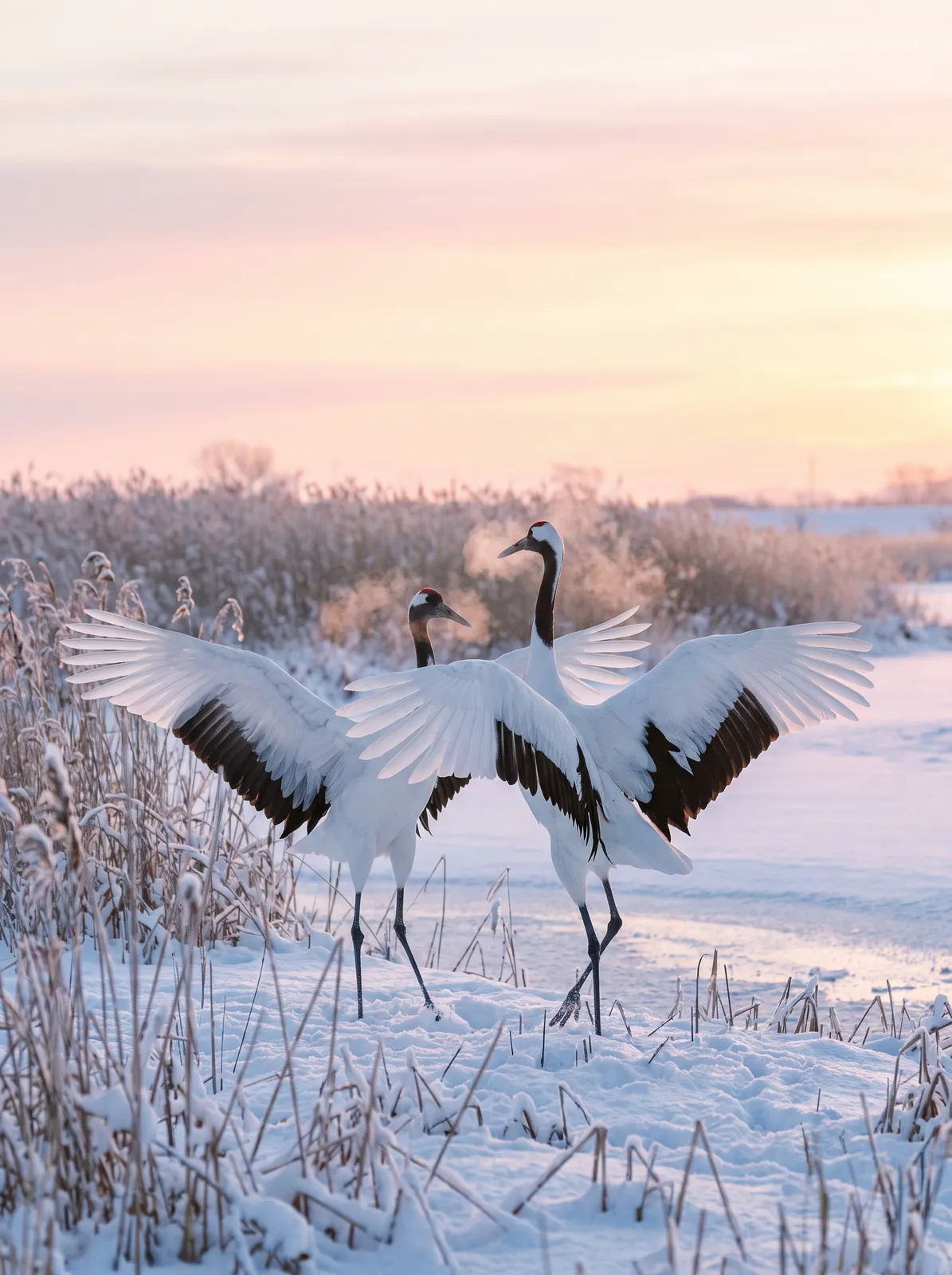 Red-crowned cranes dancing in the snow of a Hokkaido wetland at dawn, wings spread, breath of mist, delicate pastel light, wildlife photography