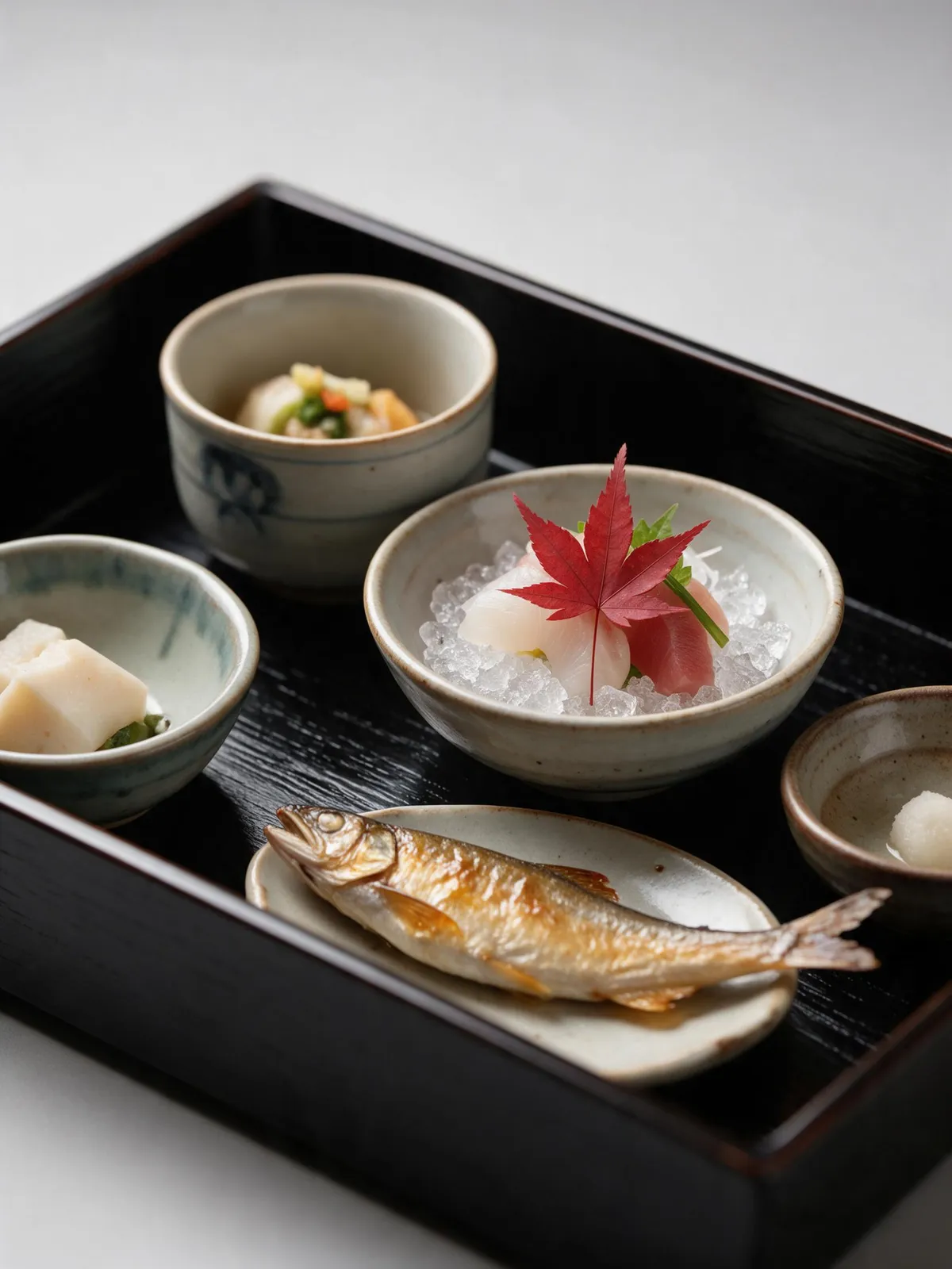 Japanese kaiseki course on a lacquer tray: seasonal sashimi on ice, a single maple leaf garnish, small grilled fish, delicate ceramics, minimal composition, refined premium photography