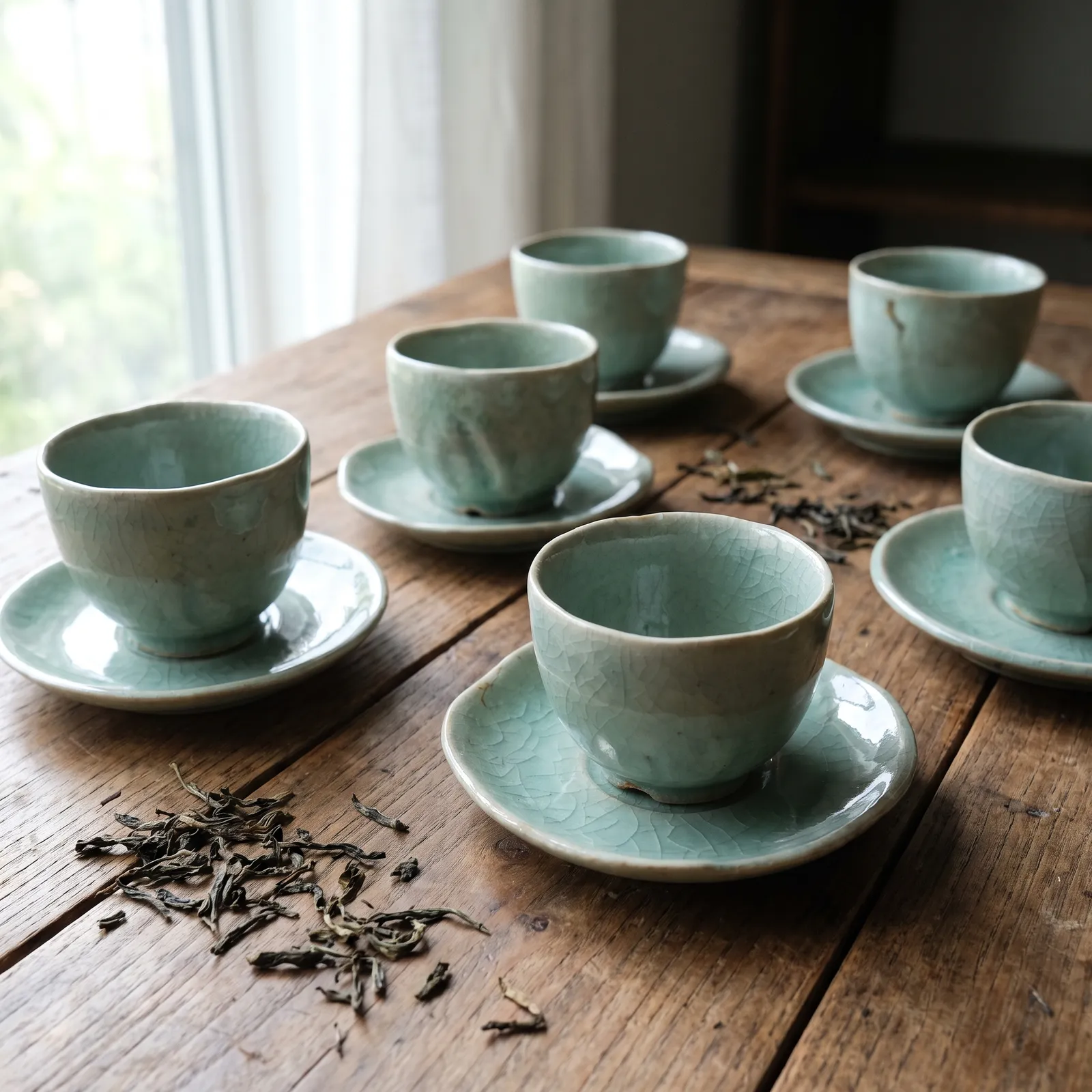 Handmade celadon tea cups on a wooden table with tea leaves scattered, soft window light, craftsmanship detail