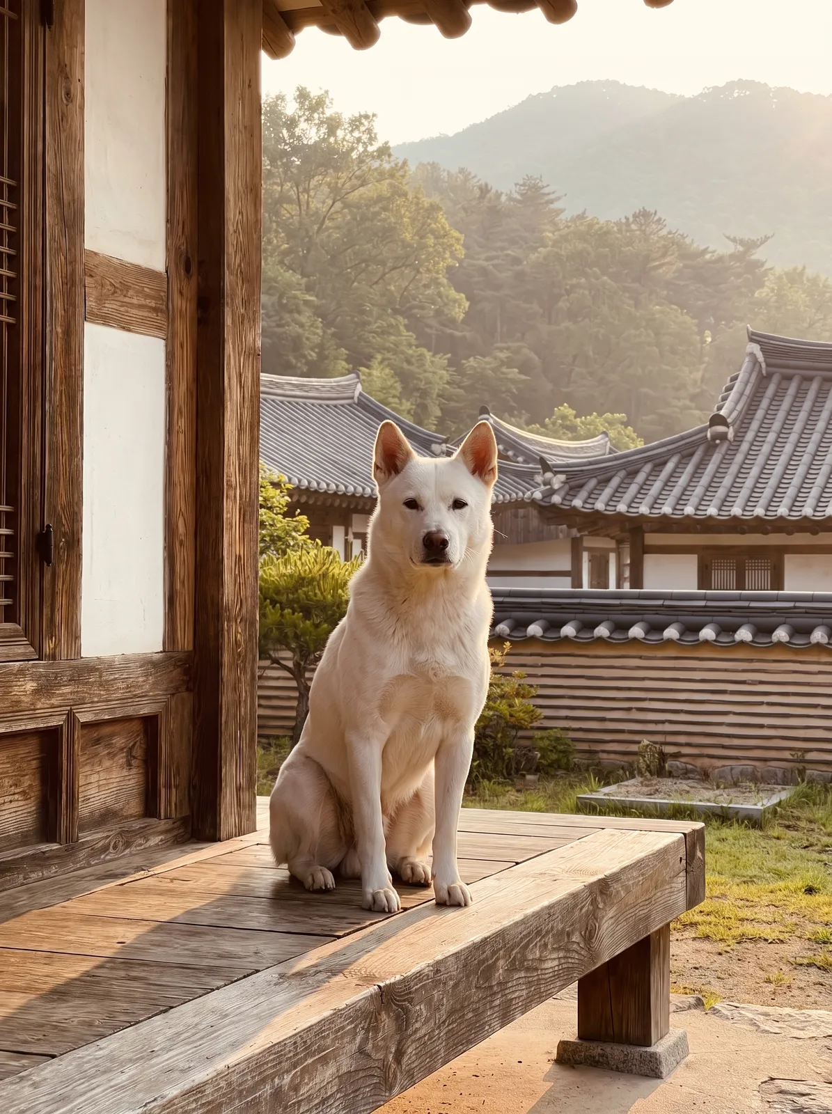 Jindo dog sitting proudly on a hanok wooden porch, white coat glowing in morning light, alert ears, Korean traditional backdrop
