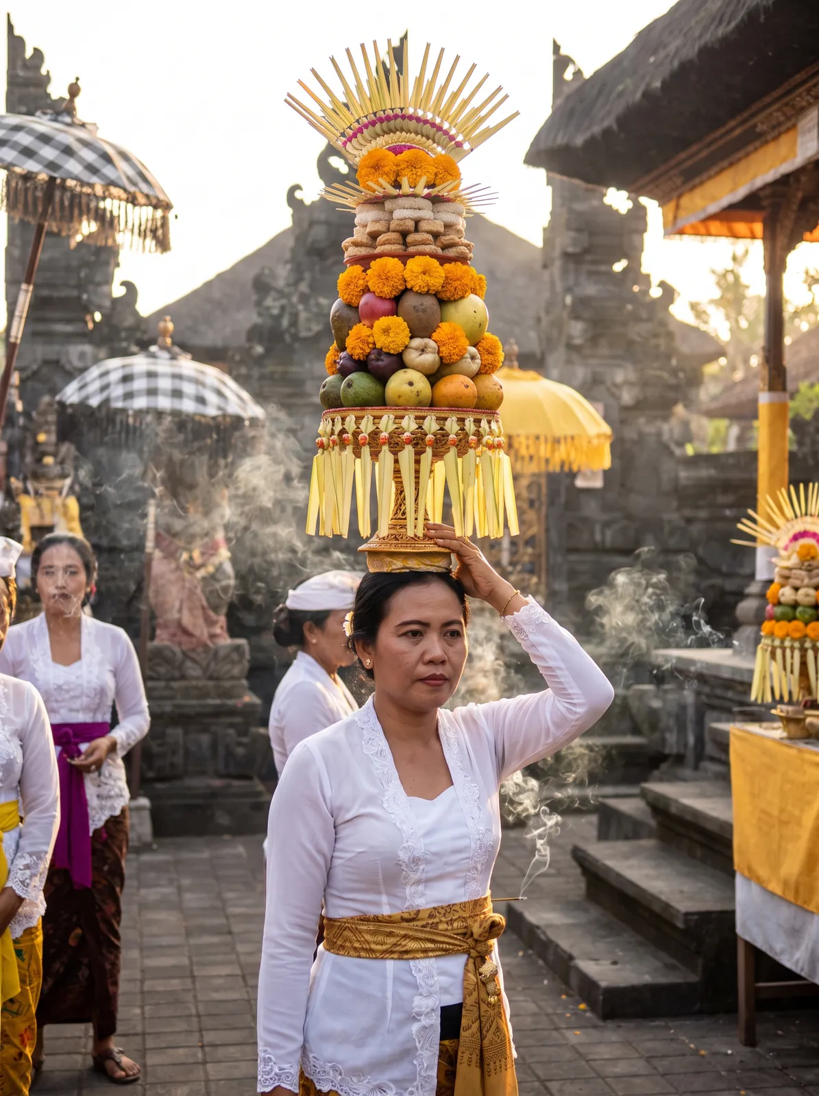 Balinese woman carrying a tall offering tower of fruit and flowers on her head during a temple ceremony, white kebaya, gold sash, incense smoke, warm afternoon light